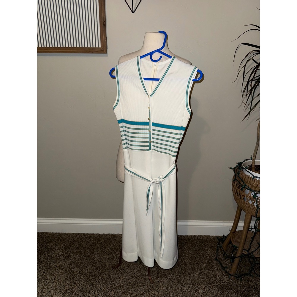 Vintage White Teal Stripe Knit Sleeveless Midi Dress Belted V Neck Size‎ M